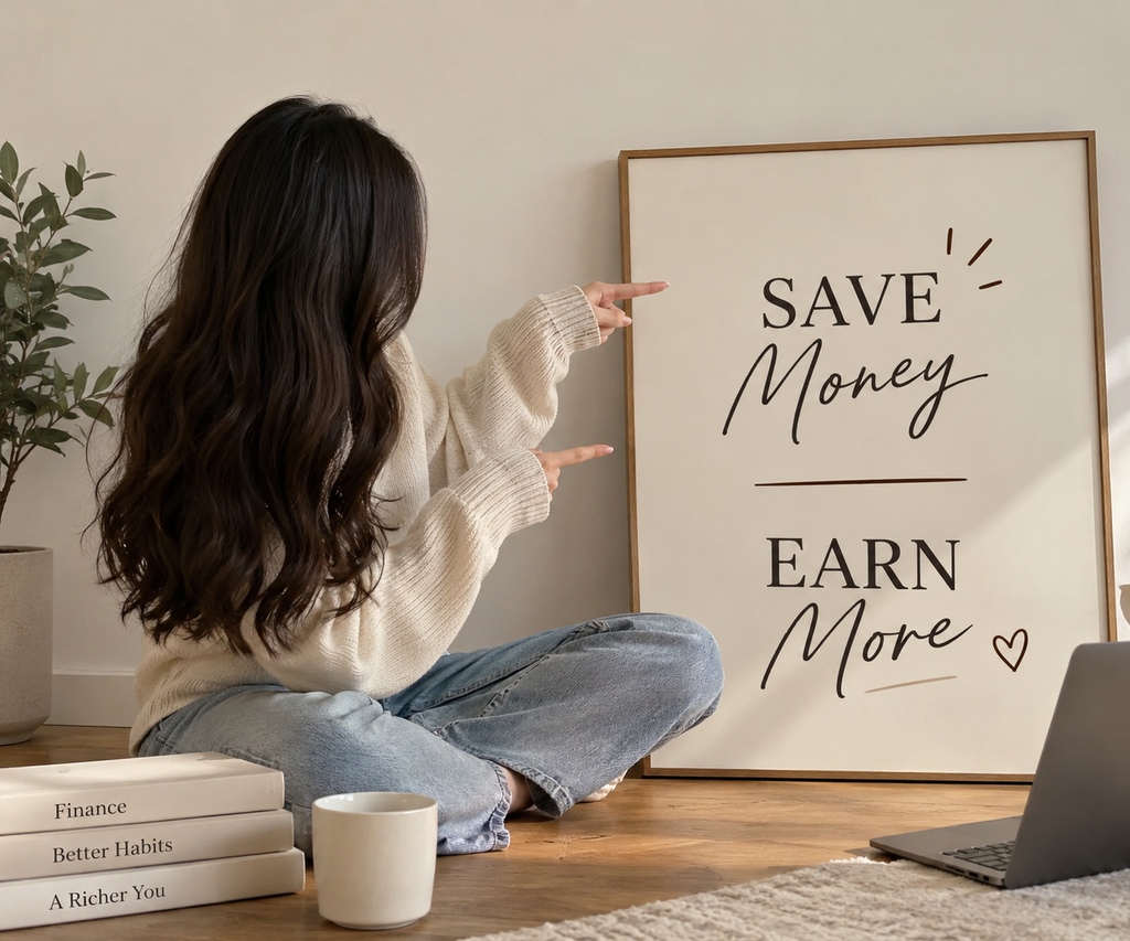 Shreya pointing at a Save Money, Earn More poster